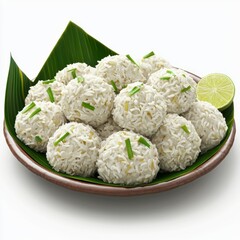 Appetizing White Rice Balls Served on Leaf Plate with Lime and Chives for Healthy Cuisine