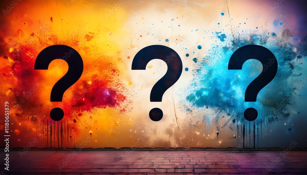 Poster a vibrant image featuring three large question marks surrounded by splashes of color, set against a 