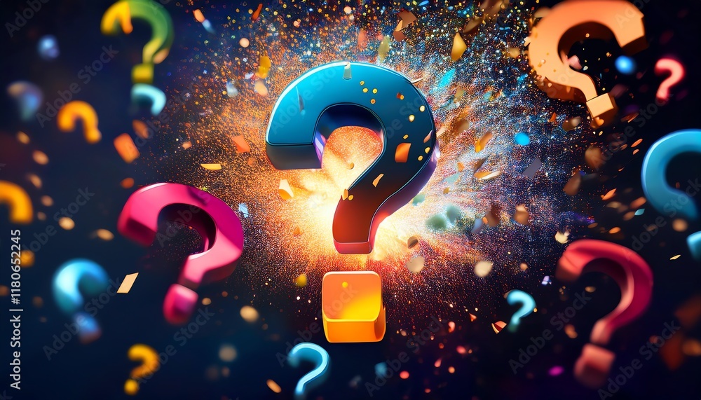 Poster a vibrant explosion of colorful question marks, symbolizing curiosity and inquiry, set against a dyn