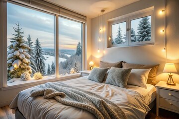 Minimalist Cozy Bedroom with Snowy View, Soft Bedding, Large Window