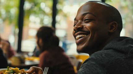 Happy Man Enjoys a Healthy Meal at a Bustling City Cafe