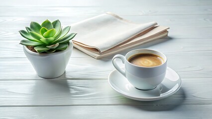 Minimalist Espresso & Succulent: Magazine Mockup on White Table