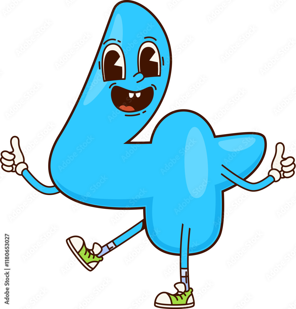 Aufkleber Groovy math number Four character with funny face and happy smile, vector retro cartoon. Groovy number 4 Four numeral with silly funky face and thumb up gesture for mathematics retro cartoon character
