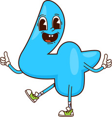 Groovy math number Four character with funny face and happy smile, vector retro cartoon. Groovy number 4 Four numeral with silly funky face and thumb up gesture for mathematics retro cartoon character