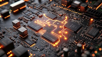 Obraz premium Illuminated Circuit Board: A Glowing Microcosm of Technology