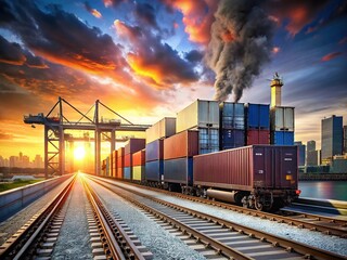 Fototapeta premium Minimalist Freight Train & Industrial Port - Modern Cargo Transportation Stock Photo