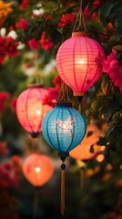 Fototapeta premium Illuminated paper lanterns hanging amidst vibrant blossoms.