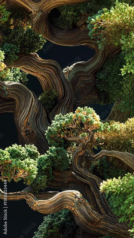 Poster Unique twisting trees showcase intricate patterns and vibrant foliage in a mystical forest environment