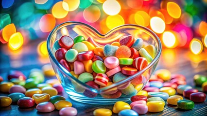 Heart Shaped Candy Sweets in Heart Shaped Glass Jar - Romantic Valentine's Day Treats, Sweet Confectionery Photography
