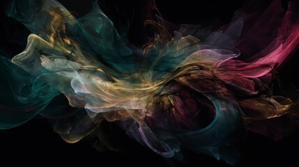 A luxurious abstract artwork with flowing, smoke-like tendrils in deep velvety hues of burgundy, emerald green, and sapphire blue against a matte black background.