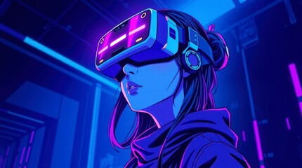 A woman with VR goggles, olive skin, in a mystic, enchanting Metaverse environment, rendered in electric vivid colors with gentle color contrasts and an ethereal quality against a dark blue background