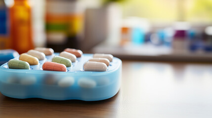 Close-up of a pill organizer on a wooden table with medical supplies, representing daily medication management for chronic illness and health care routines.