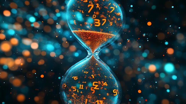 A Stunning Hourglass Filled with Flowing Numbers and Symbols, Representing the Passage of Time and Infinite Possibilities in a Digital World