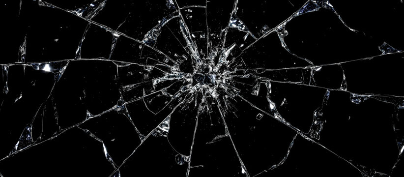 Shattered glass overlay with intricate cracks and broken fragments on black background, adding dramatic effect to photos, videos, and graphic designs
