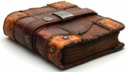 Antique leather journal, closed, studio shot, white background, fantasy novel prop.