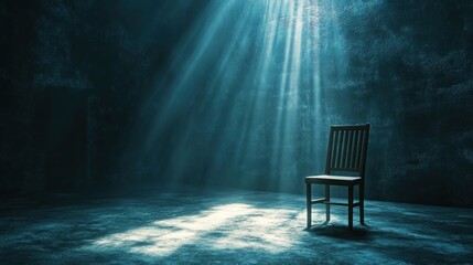 A solitary chair in a dimly lit room with rays of light creating a dramatic atmosphere.