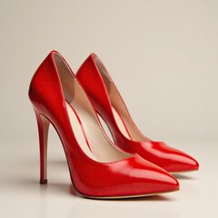 High heeled red shoes against a neutral background, chic, red shoes