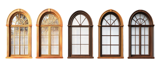 A collection of rustic wooden windows with arched frames in various styles and shapes, featuring a vintage aesthetic