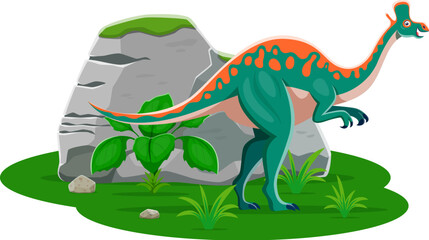 Lambeosaurus prehistoric dinosaur character is a genus of hadrosaurid dinos from the late cretaceous period. Isolated cartoon vector herbivore with distinctive cranial crest, among green vegetation