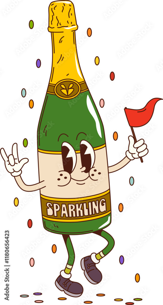 Aufkleber cartoon groovy sparkling wine bottle character. champagne flask retro personage dancing with joyful 