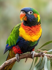 Obraz premium A colorful parrot perched on a branch, showcasing vibrant feathers in hues of green, blue, yellow, and red against a blurred natural background.