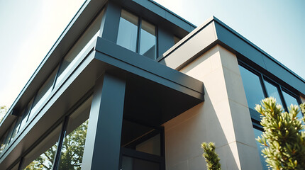 Modern Home Exterior with Beige Stucco and Dark Gray Metal Accents
