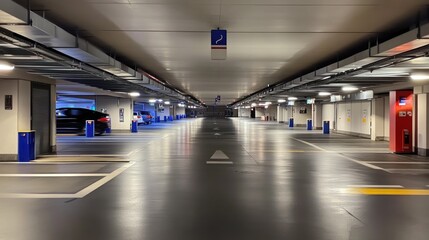 A spacious underground parking garage with illuminated spaces and clear directional signage.