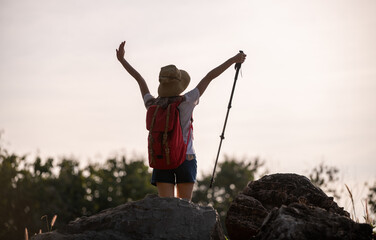 Hikers or explorers on journey carrying backpack, trekking poles looks into the distance observing and possibly guide trekking and trail exploration holiday ecotourism concept.