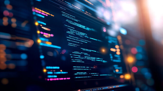 A close-up view of vibrant code on a screen, showcasing programming elements against a blurred, colorful background.
