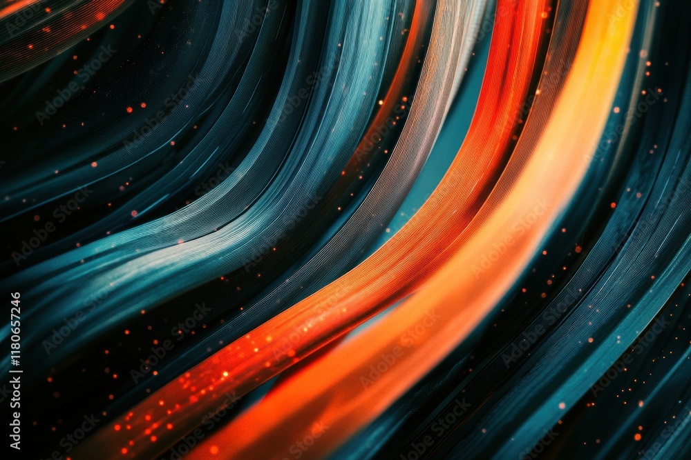 Poster abstract image of swirling teal and orange ribbons with sparkling particles. perfect for technology,
