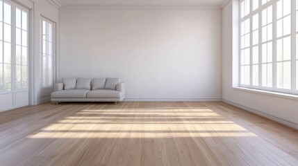 Fototapeta premium A spacious, minimalistic living room with natural light and a simple couch.
