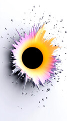 A vibrant, abstract explosion design featuring a central black circle surrounded by colorful splashes, creating a dynamic visual effect.