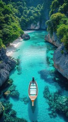 A serene boat in clear turquoise waters surrounded by lush greenery.