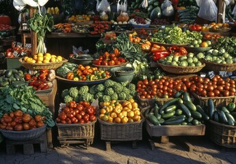Fresh Produce Display in Vibrant Market with Colorful Fruits and Vegetables in Baskets Surrounded by Lush Greenery and Sunny Atmosphere