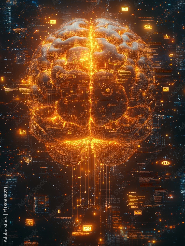 Poster futuristic digital brain illustration with glowing patterns and data connections