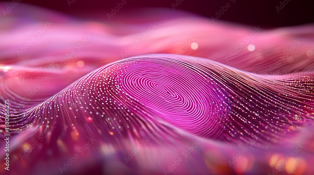 Poster abstract pink wave with fingerprint pattern, glowing particles.