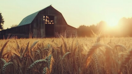 Golden Wheat Field at Sunset with Barn in Background