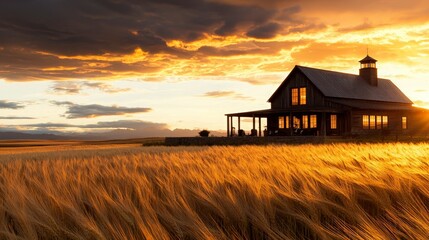 Golden Hour Farmhouse in Wheat Field