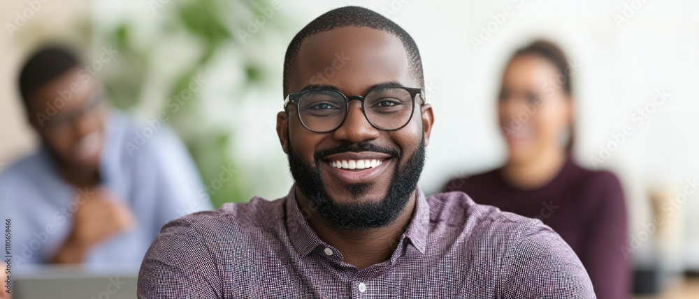 Poster a smiling man with glasses sits in a bright office, exuding confidence and positivity. colleagues ar
