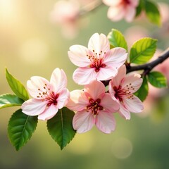 Soft peach blossoms adorn a lush branch with delicate green leaves, flowers, foliage