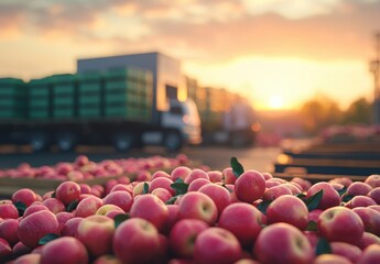 Fresh Red Apples Ready for Harvest at Sunset with Trucks and Green Bins in the Background, Capturing the Essence of an Orchard’s Bounty