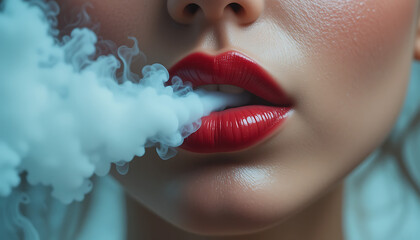 Woman's lips blowing smoke clouds - Generative AI image made to look like photorealistic macro photograph of lusciously red lips exhaling smoke/vape