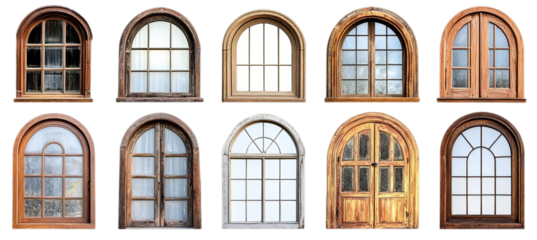 A collection of rustic wooden windows with arched frames in various styles and shapes, featuring a vintage aesthetic
