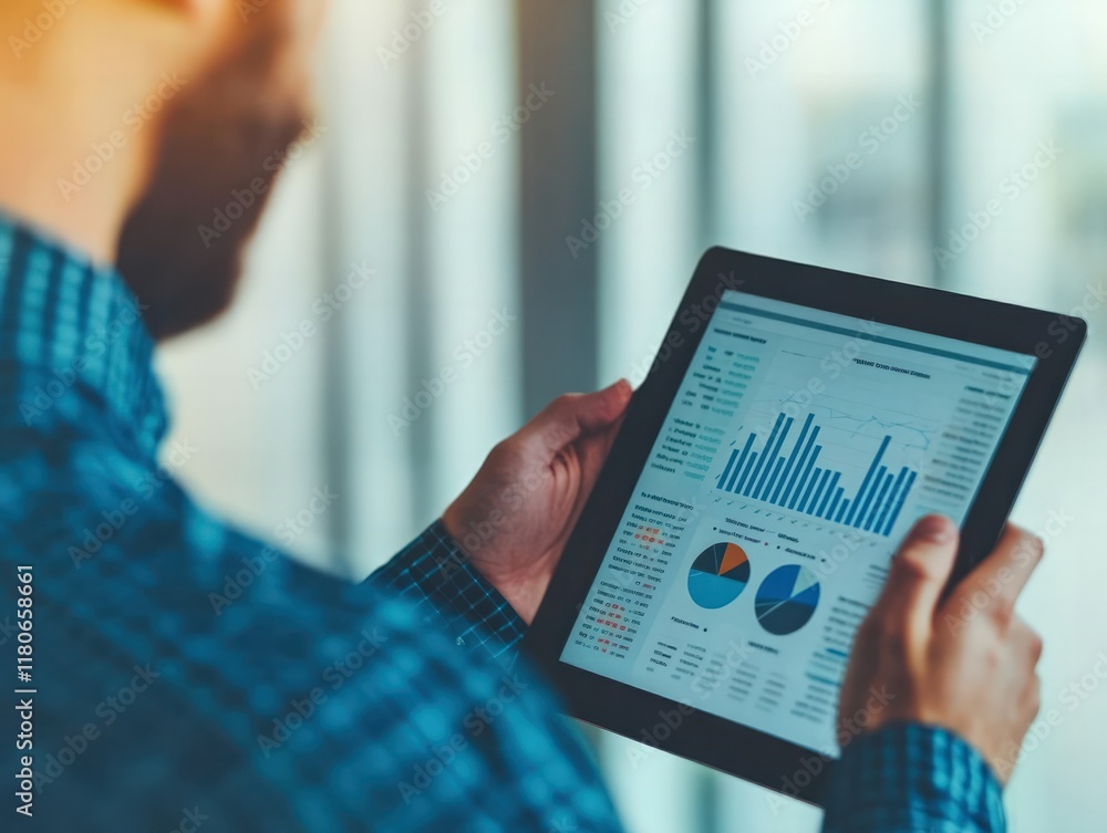 Poster a person analyzes data on a tablet, displaying graphs and charts in a modern office setting, indicat