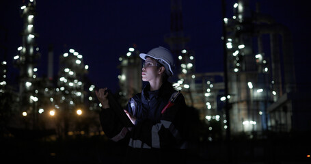 A female chemical worker in safety gear uses a digital tablet at a brightly lit refinery at night
