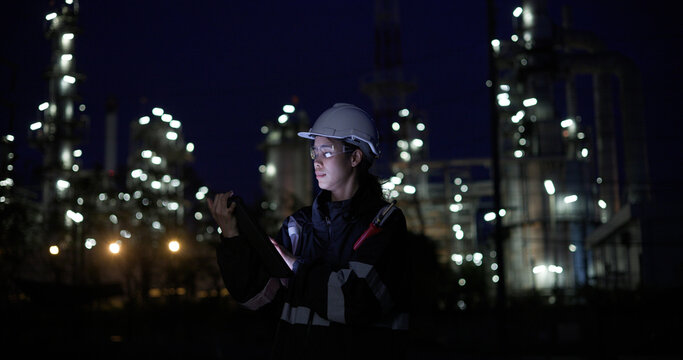 A female chemical  worker in safety gear uses a digital  tablet at a brightly lit refinery at night