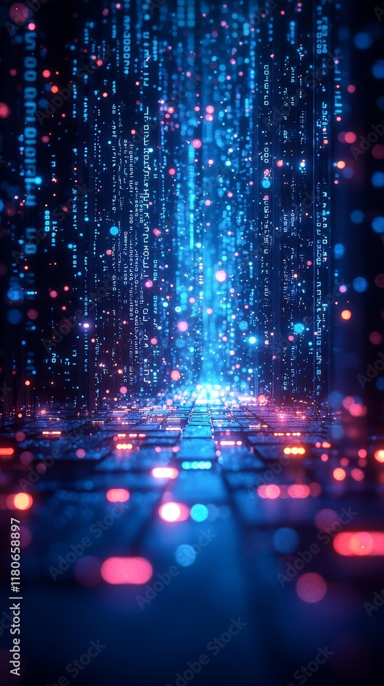 Aufkleber futuristic digital pathway with bright lights and data flow in a dark environment