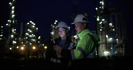 The night shift industrial engineering team discusses a plan using a digital tablet before starting their shift at the oil refinery, all while wearing safety equipment suits.