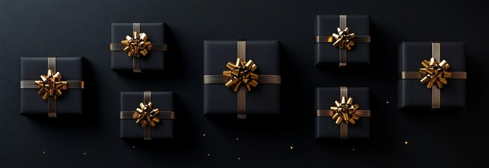 Elegant black gift boxes with gold bows on dark background.