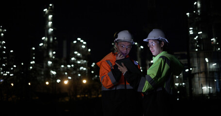 Obraz premium The night shift industrial engineering team discusses a plan using a digital tablet before starting their shift at the oil refinery, all while wearing safety equipment suits.